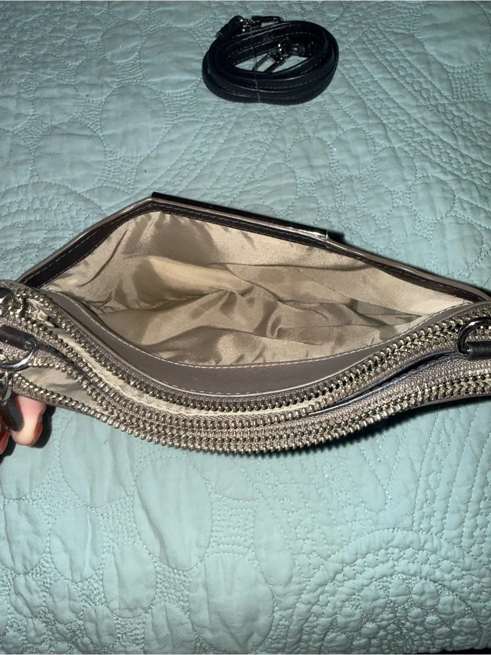 Tumi Taupe Saffiano Leather Wristlet Clutch with Removable Strap